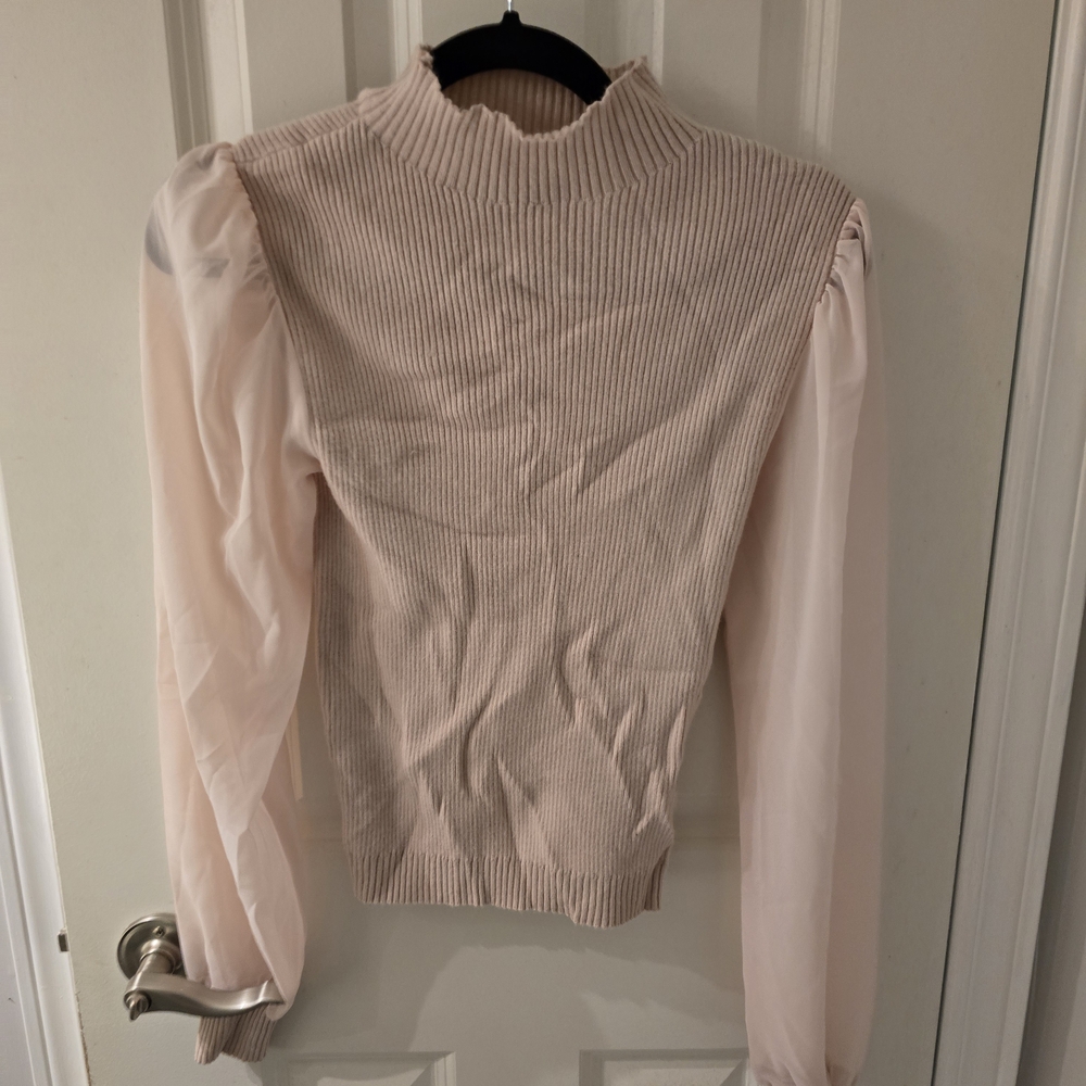 Twik Blush Ribbed Blouse with Sheer Sleeves